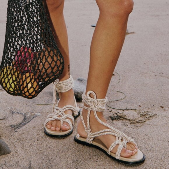 New ALOHAS Tory Sandals in Stone Beige lace up wrap around strap ankle - Picture 2 of 9